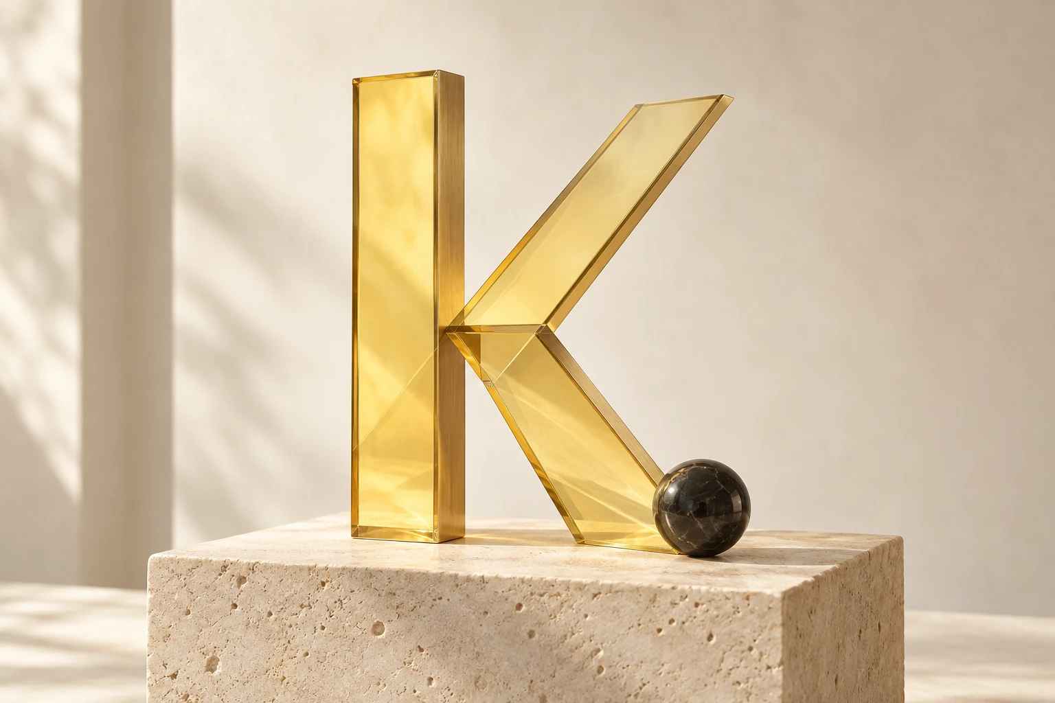 Intersecting golden glass and limestone forms with a single charcoal sphere.